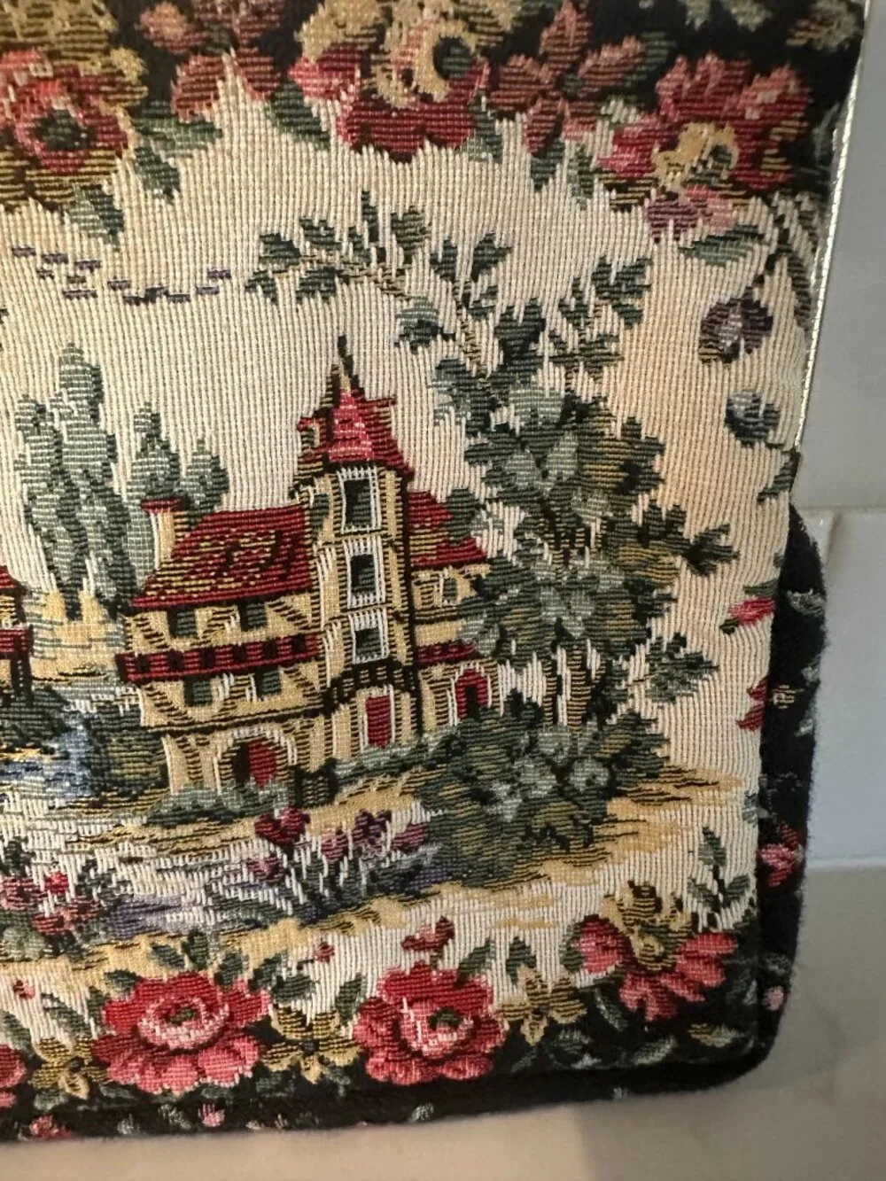 Vintage Mid-Century Tapestry Bag Clutch Pastoral Landscape Made in France Strap